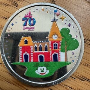 DISNEYLAND 70TH ANNIVERSARY SILVER TONE RAILROAD STATION COLOR MEDALLION COIN